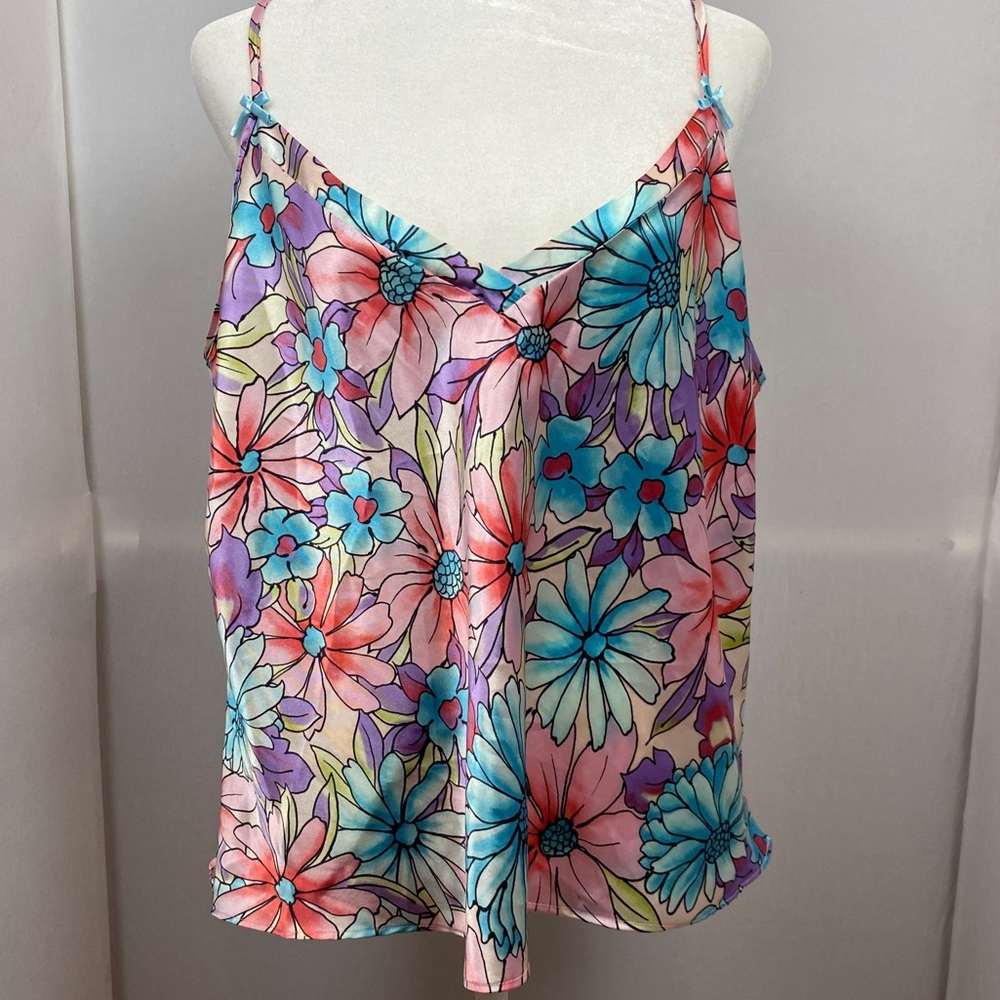 Vintage Cruz Floral Satin Spaghetti Tank Women Large V-neck Y2K Bows Romantic